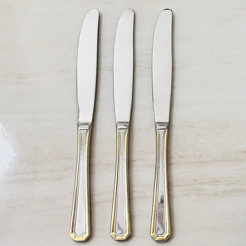 3pc TOWLE Beacon Hill Stainless Gold Accent Dinner Knife 9” Supreme 18/8 Glossy